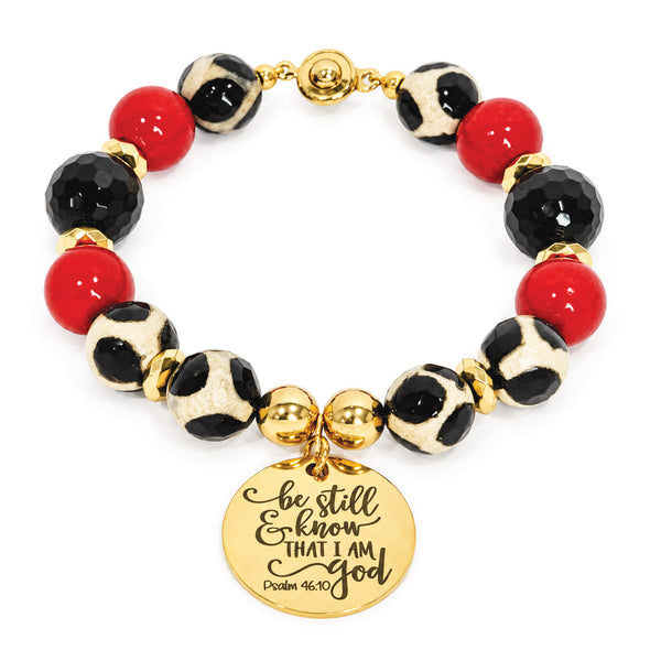 Faceted Tibetan agate and red jade beaded bracelet with a gold Be Still charm