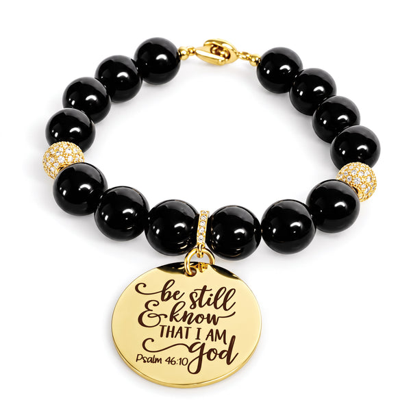 Black Onyx Scripture Charm Bracelet for Women, Be Still