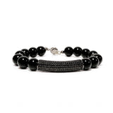 Black onyx beaded bracelet with curved black rhinestone tube bar