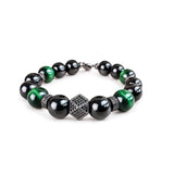 Black onyx and green tiger eye beaded bracelet with black pavé bead