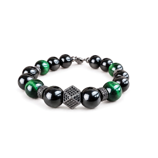 Black onyx and green tiger eye beaded bracelet with black pavé bead