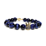 Blue tiger eye beaded bracelet with crown charm
