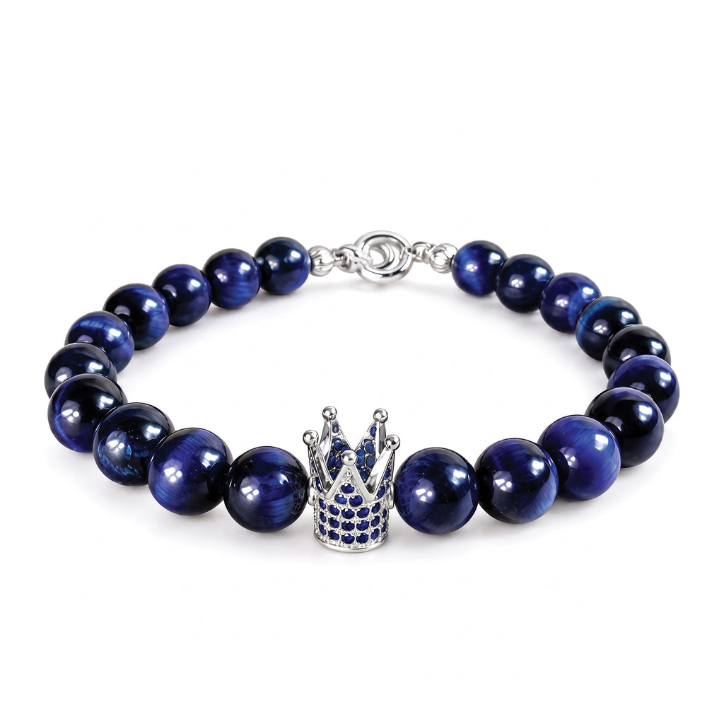 Blue tiger eye beaded bracelet with crown charm