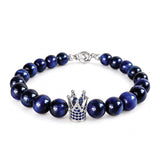 Blue tiger eye beaded bracelet with crown charm