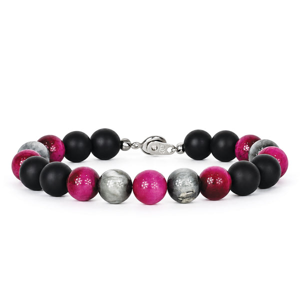 Matte Black Onyx Fuchsia Tiger Eye and Hawks Eye Bracelet