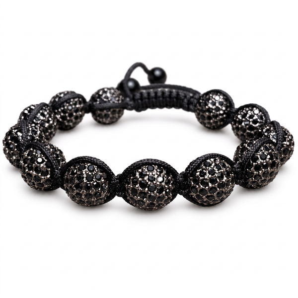 Men's black rhinestone bead bracelet on a braided cord with slide closure