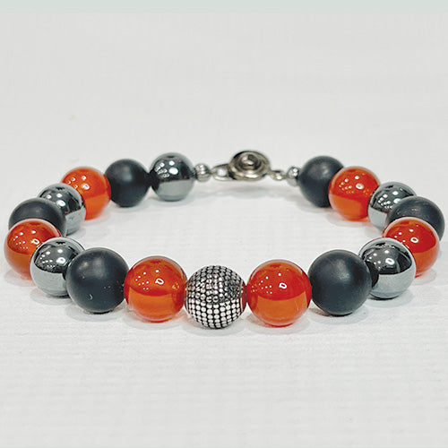 Matte Black Onyx, Carnelian & Hematite With Stainless Steel Beads