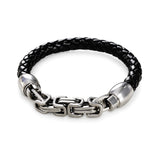 Men's black leather bracelet with silver chain and magnetic clasp