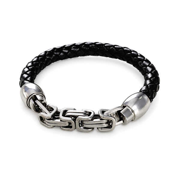 Men's black leather bracelet with silver chain and magnetic clasp