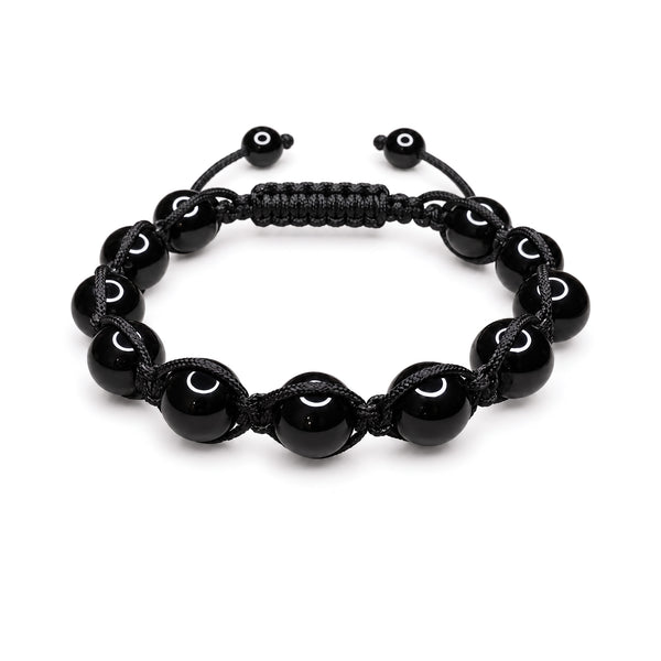 Men's black onyx bracelet on a braided cord with slide closure