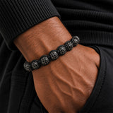 Men's black rhinestone bead bracelet on a braided cord with slide closure