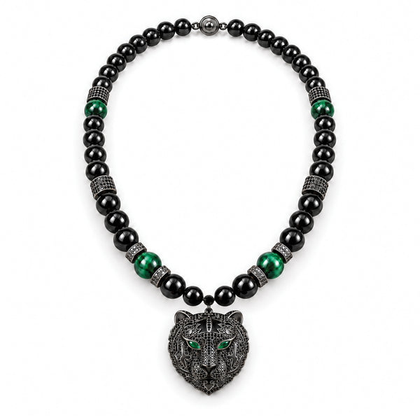 Men's black onyx beaded necklace with black pavé panther pendant
