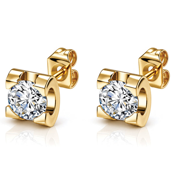 Gold Round CZ Stud Earrings with Square Setting