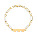 Gold paperclip chain bracelet with three connected hearts and lobster clasp.