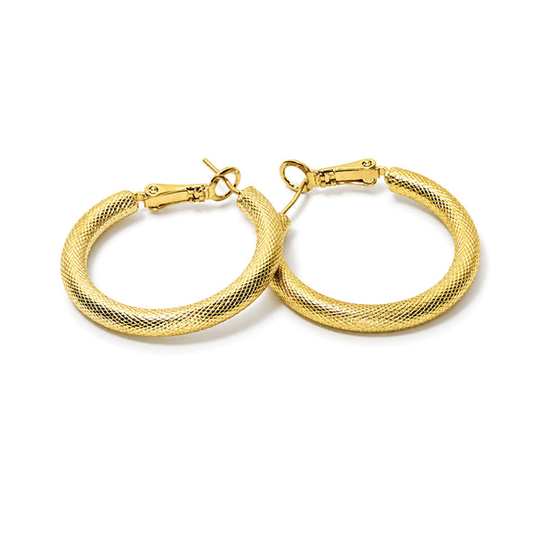 Gold Textured Hoop Earrings with Crosshatch Finish